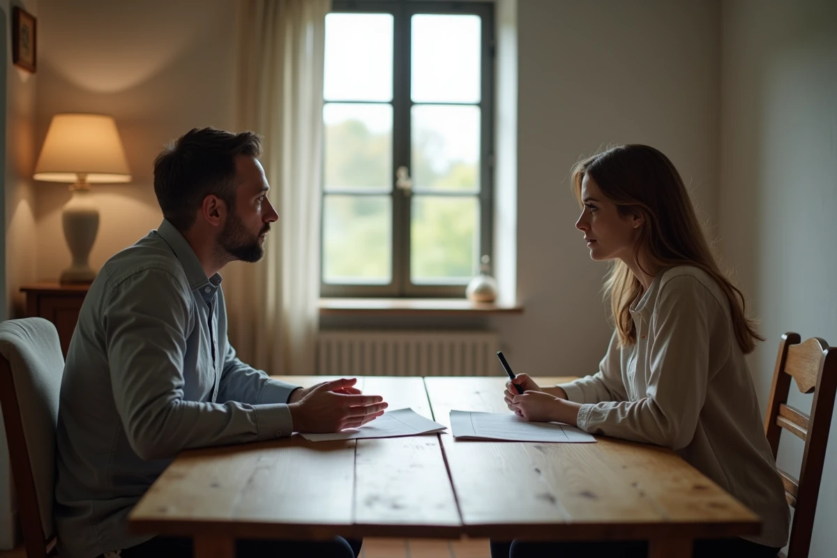 Couple en instance de divorce discutant de la vente urgente de leur maison dans l'Oise