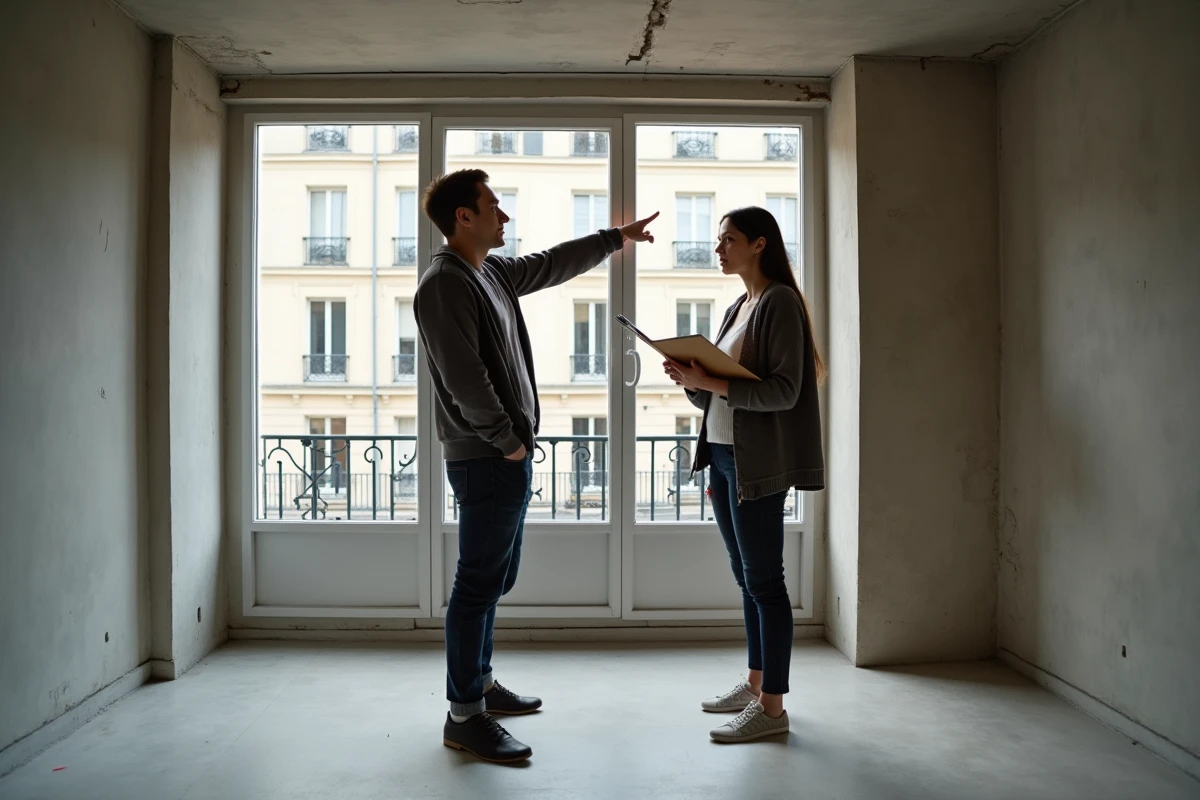 Couple inspectant un appartement vide à Lyon avant signature du bail, repérant des défauts structurels