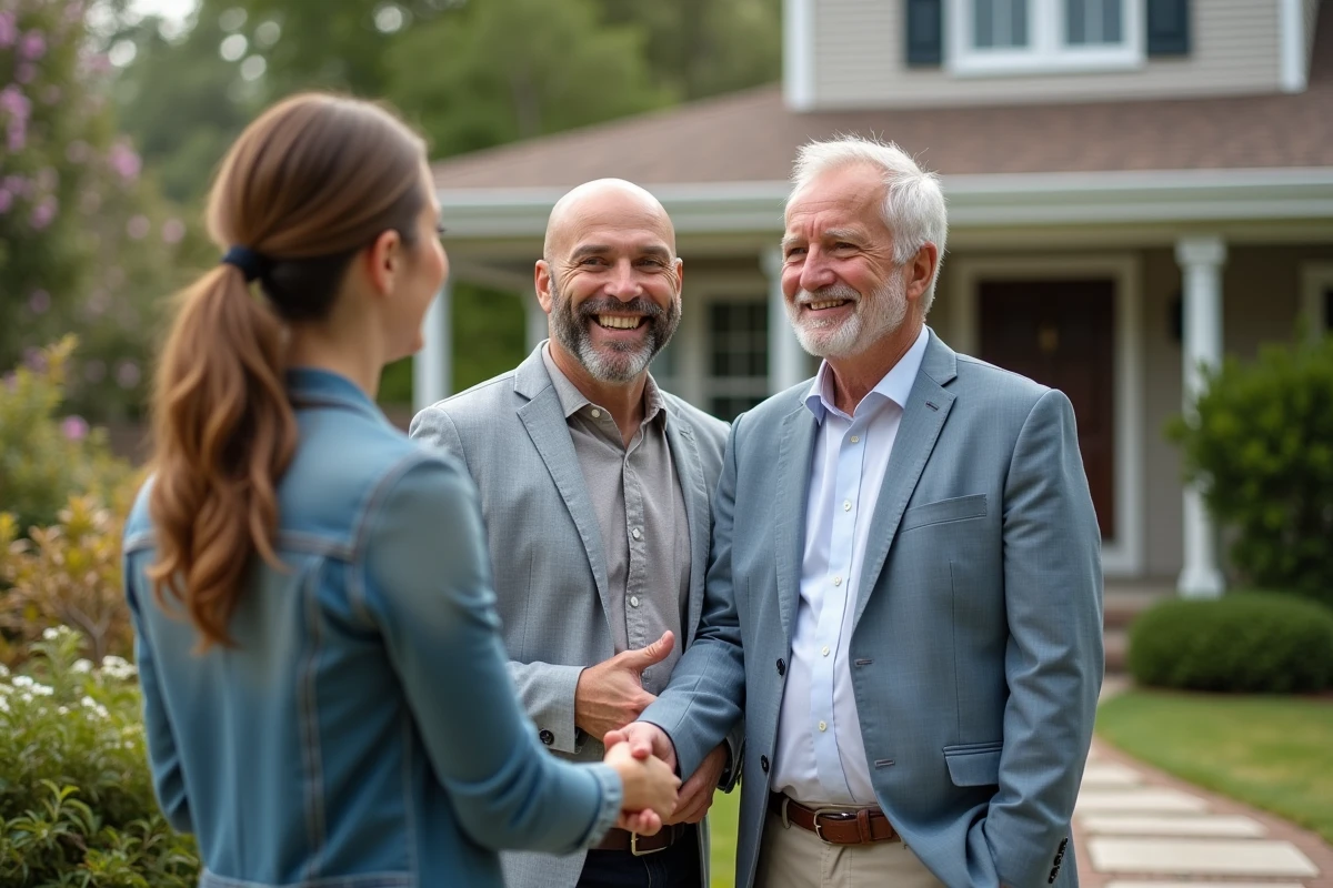 Couple souriant en extérieur devant une maison à vendre