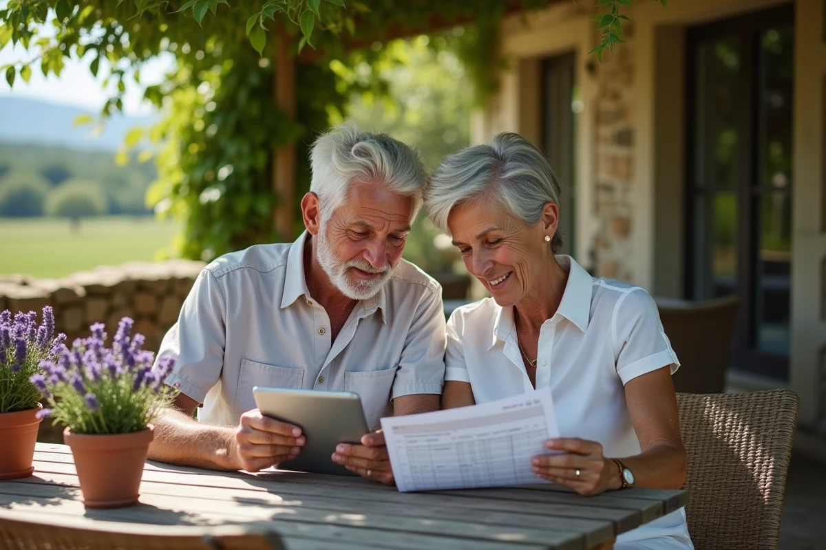 Couple de propriétaires consultant un calendrier de réservations Gîtes de France sur une tablette en terrasse provençale