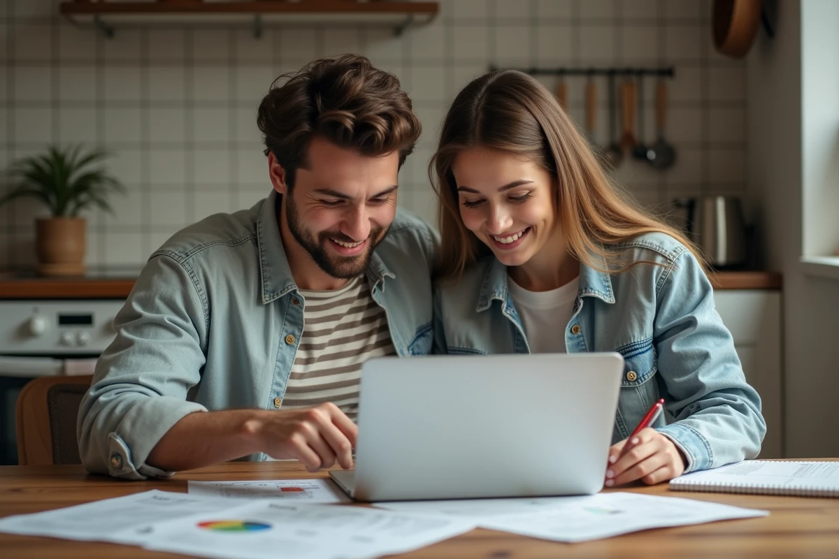 Couple cherchant un logement en ligne et comparant des critères d'annonces immobilières à la maison