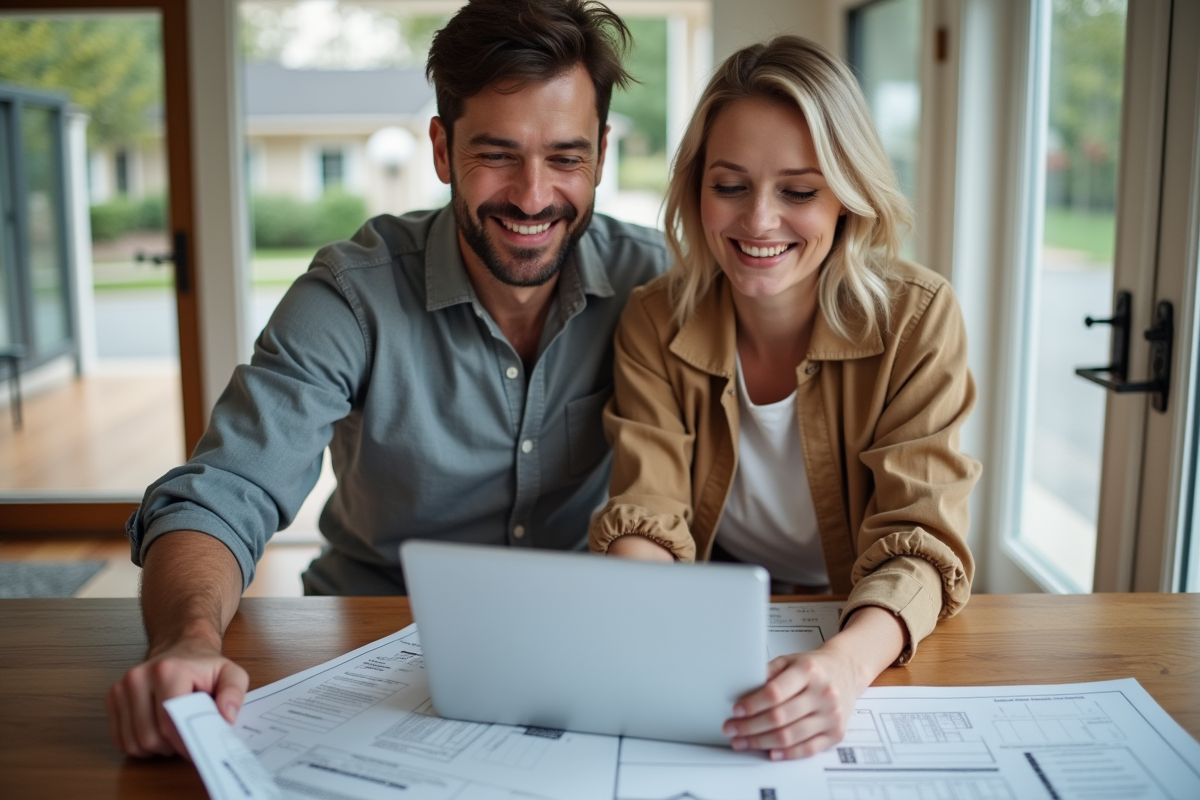 Jeune couple souriant examine plans de renovation maison