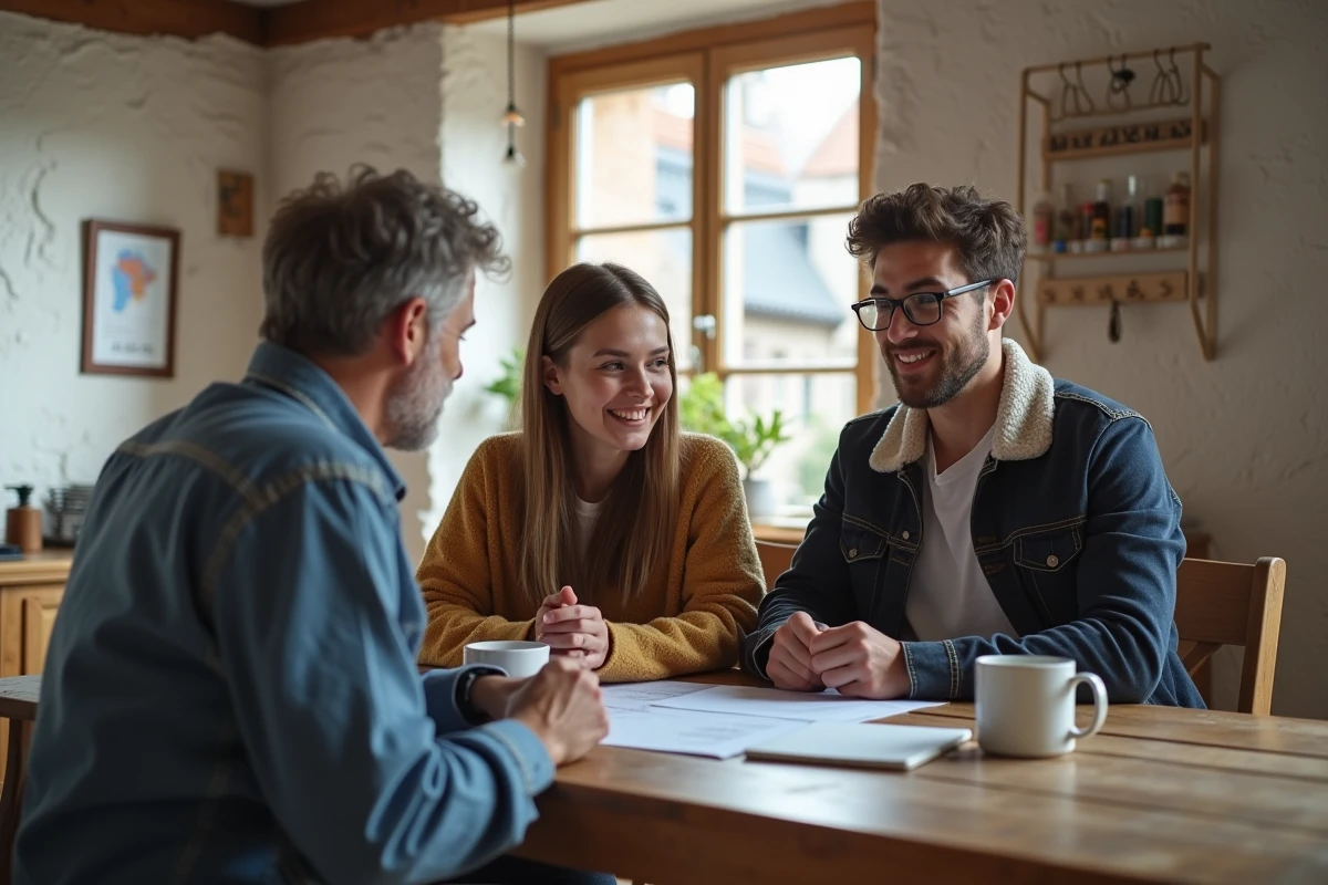 Jeune couple discutant avec un homme autour d