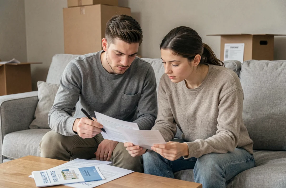 Couple révisant ensemble une lettre de motivation pour la location d'un appartement