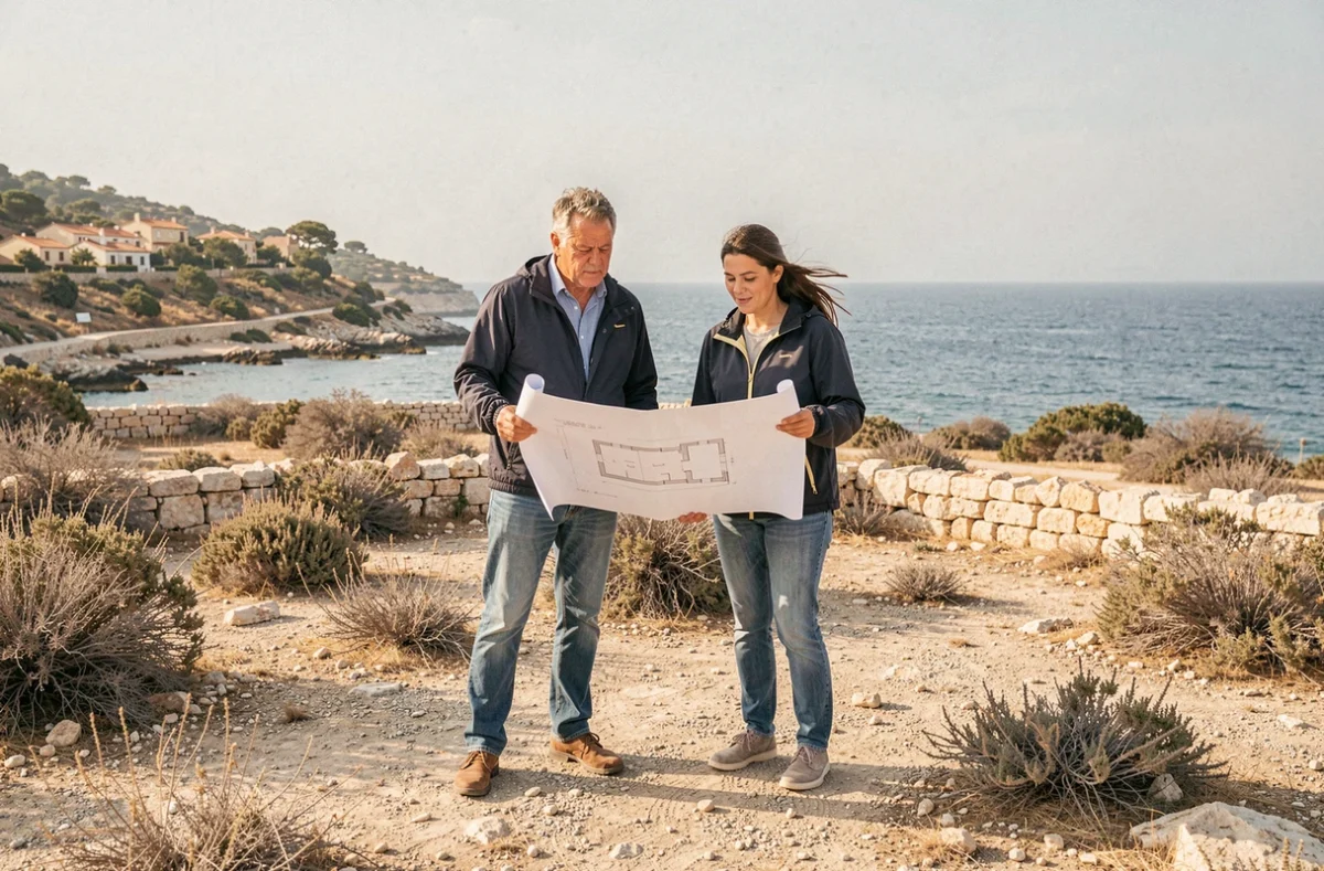 Couple étudiant des plans sur un terrain constructible en bord de mer en Méditerranée