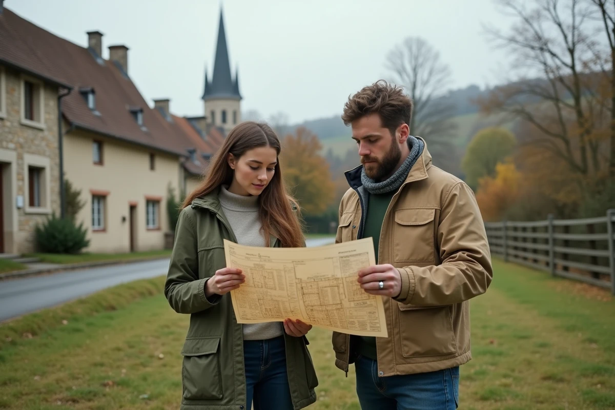 Un couple consulte un plan cadastral sur un terrain vide mis à disposition gratuitement par une commune rurale française