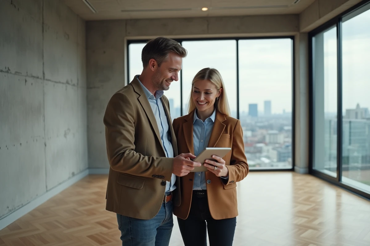 Couple visitant un appartement et consultant un outil d'estimation immobilière sur tablette
