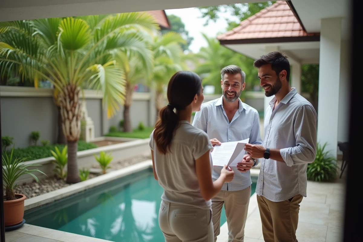 Couple étranger visitant une maison à vendre en Thaïlande avec un agent immobilier local sur une terrasse tropicale à Hua Hin