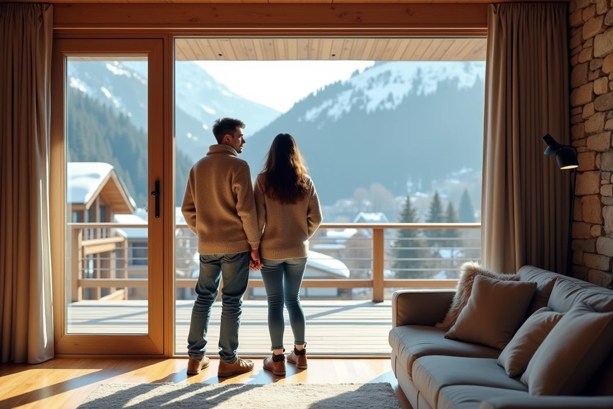 Jeune couple dans appartement alpin regardant le village ski
