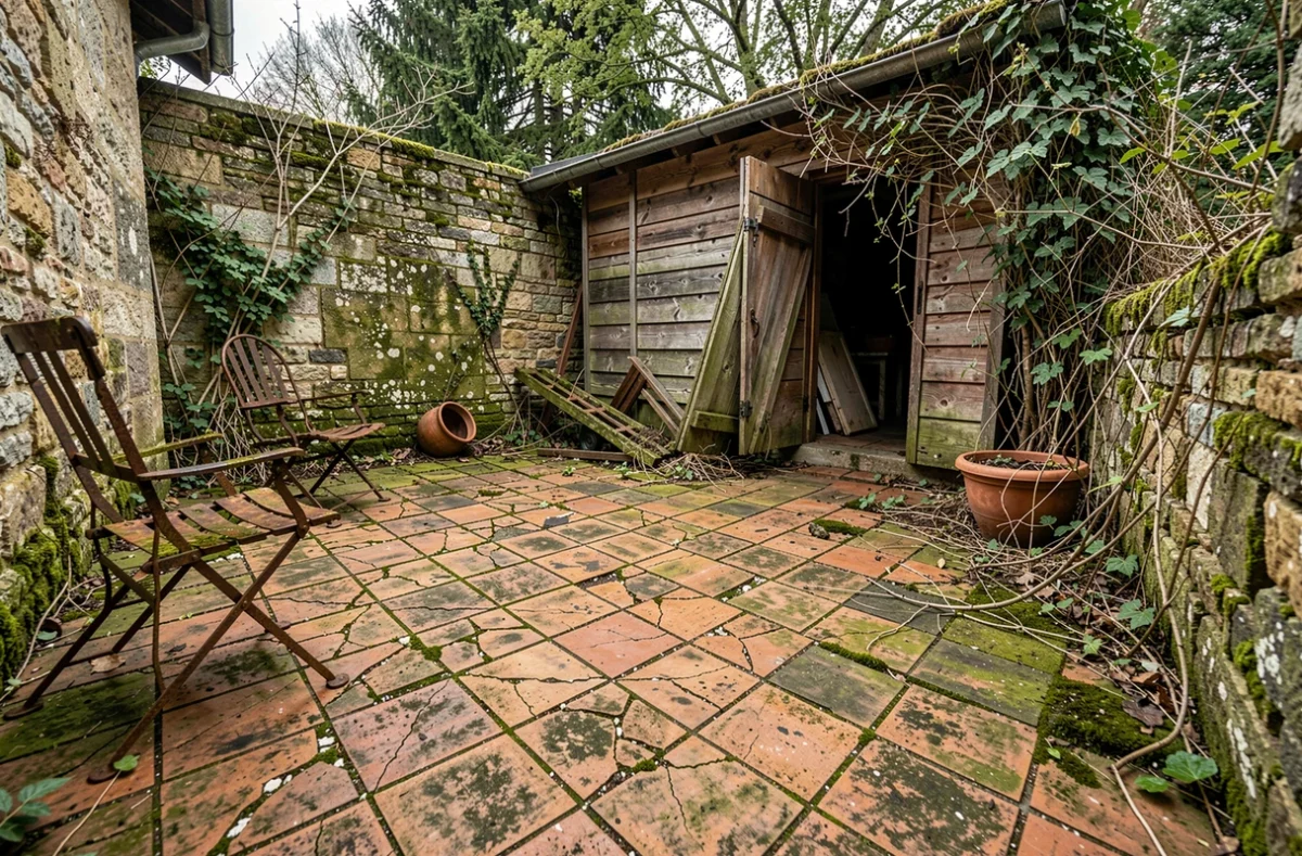Cour intérieure envahie par la végétation d'une maison abandonnée en Seine-et-Marne, illustrant l'état de délabrement d'un bien immobilier à acquérir