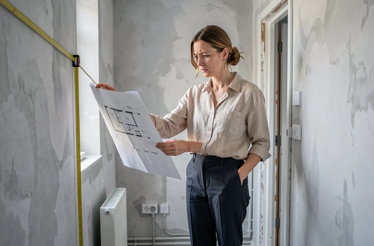 Designer d'intérieur analysant les erreurs de conception dans une petite chambre de 9m2 en rénovation
