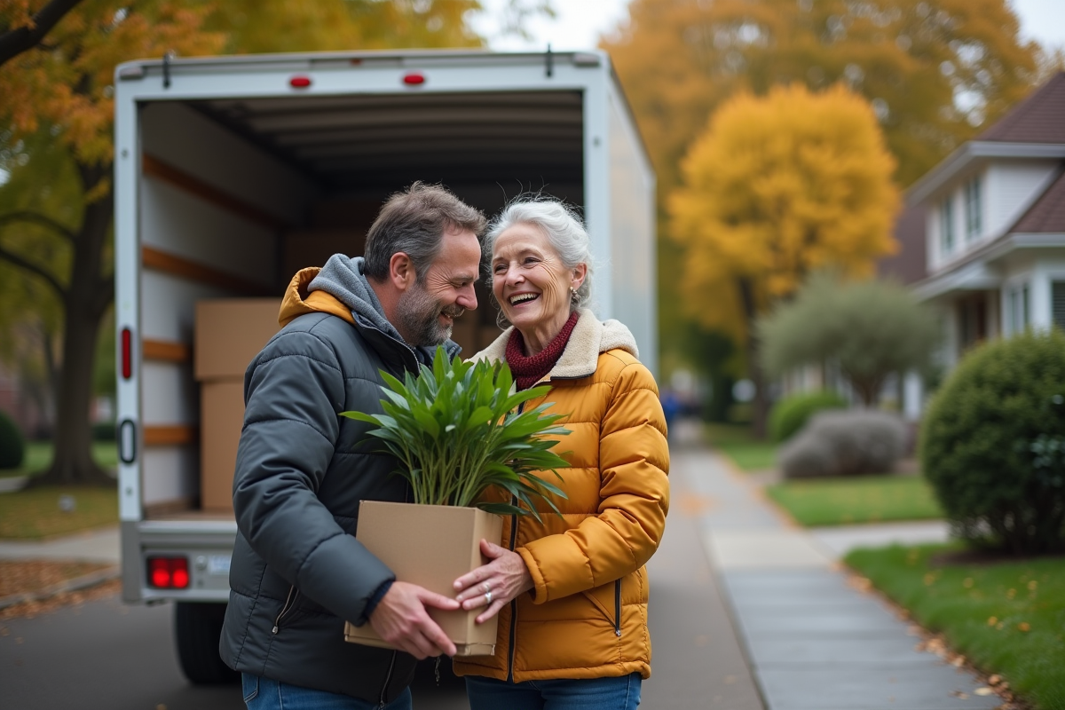 Un couple déchargeant une plante devant un camion de déménagement