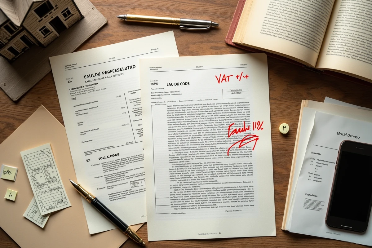 Vue aérienne de documents fiscaux immobiliers avec erreurs de TVA marchand de biens annotées en rouge sur un bureau en bois