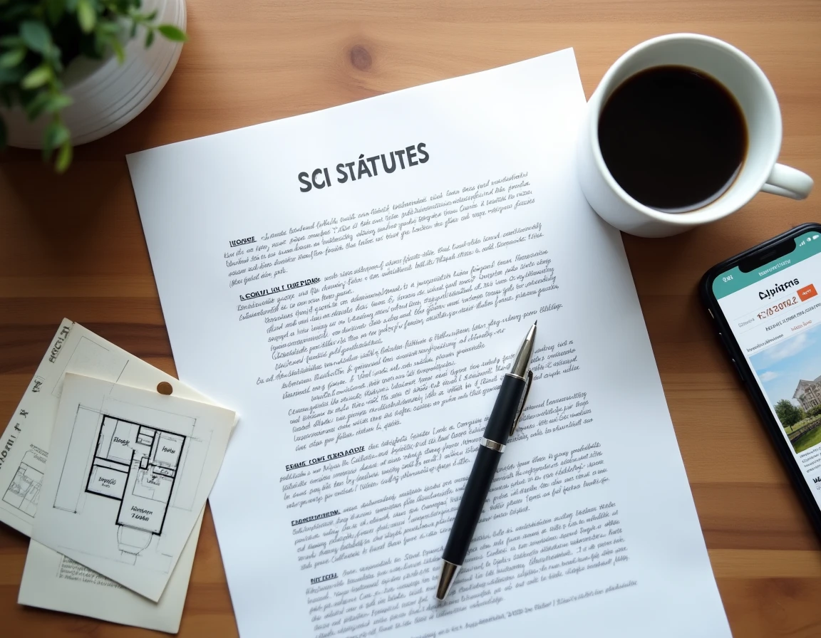 Documents de statuts de SCI annotés sur un bureau avec plan immobilier et stylo