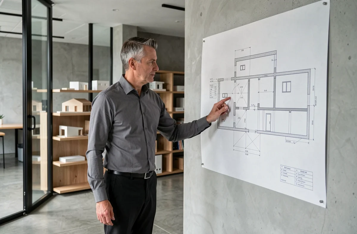 Architecte de Dominique Coutiet Architecture Design d'Espace devant des plans d'élévation dans un bureau minimaliste