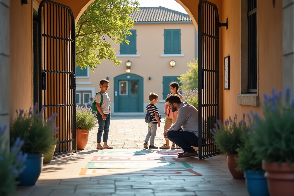 Entrée d'une école primaire dans un quartier de Bergerac avec parents et enfants