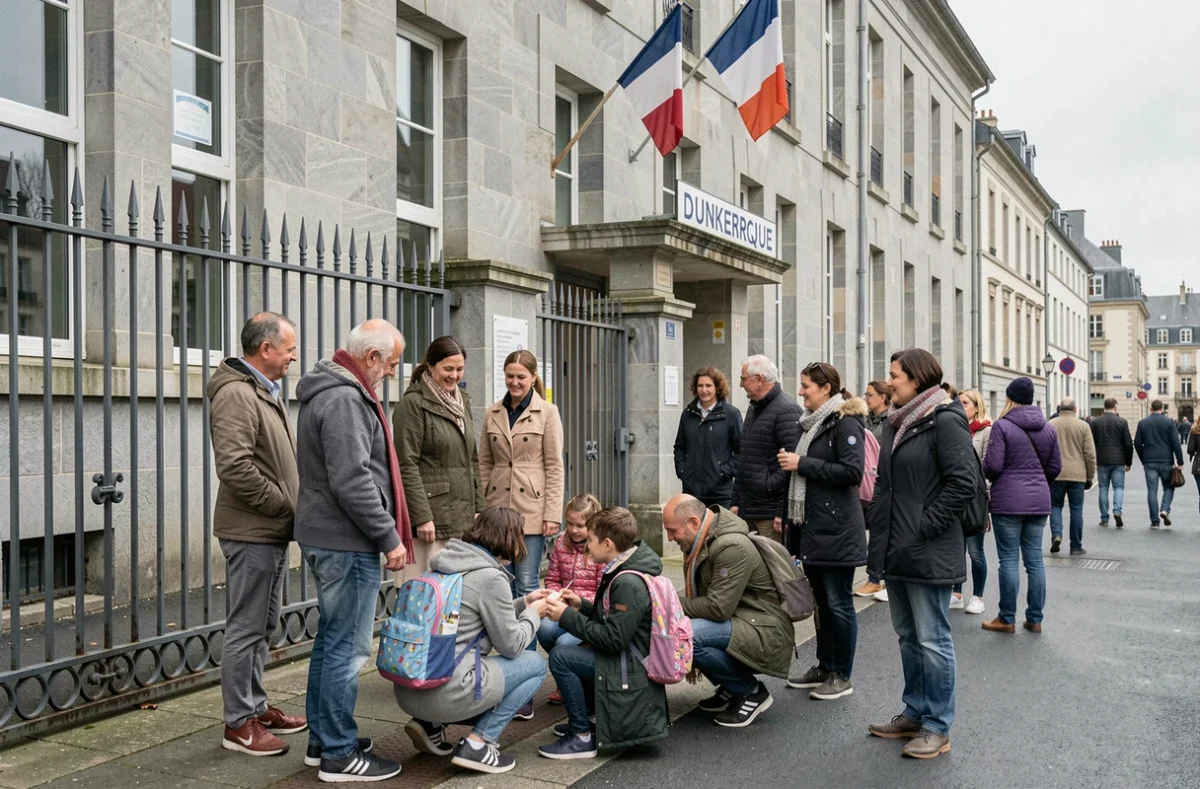 Entrée d'une école primaire à Dunkerque avec des parents déposant leurs enfants le matin