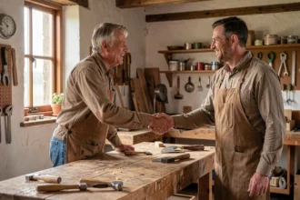 Employeur et salarié se serrant la main dans un atelier rural