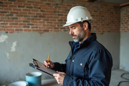 Entrepreneur en bâtiment consultant une check-list de rénovation sur un chantier d'appartement avec murs en briques apparentes