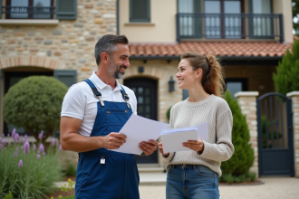 Entrepreneur en travaux avec documents devant maison renovée