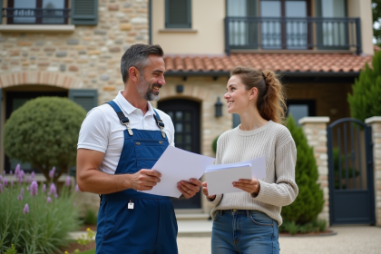 Entrepreneur en travaux avec documents devant maison renovée