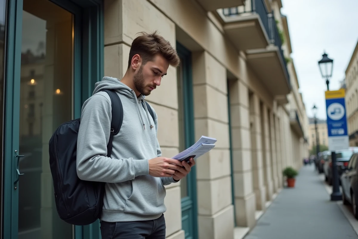 Étudiant comparant son dossier de location devant un immeuble résidentiel en ville