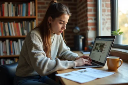 Étudiante cherchant un logement sur la plateforme Zelok depuis son appartement étudiant