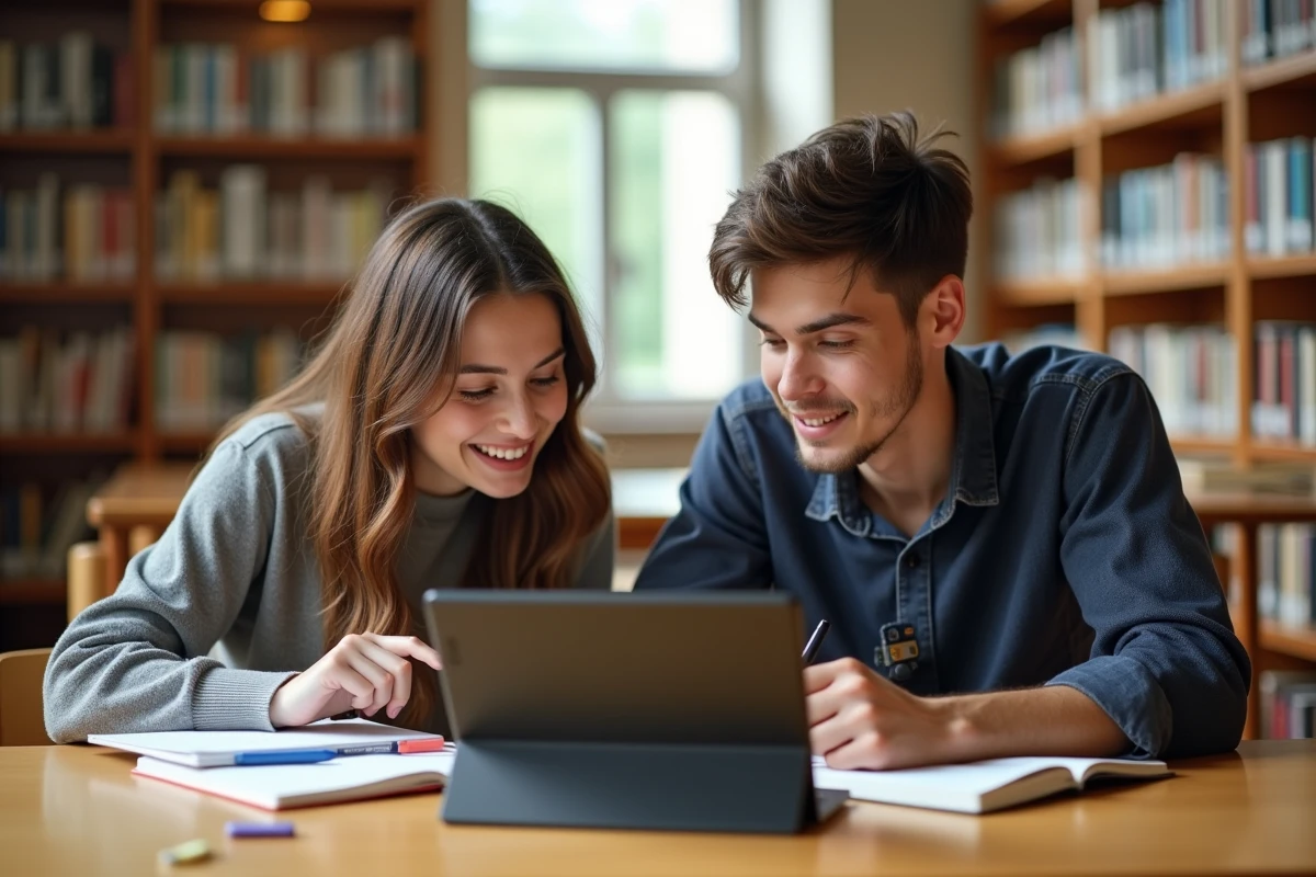Deux étudiants consultant ensemble une plateforme de location immobilière à la bibliothèque universitaire