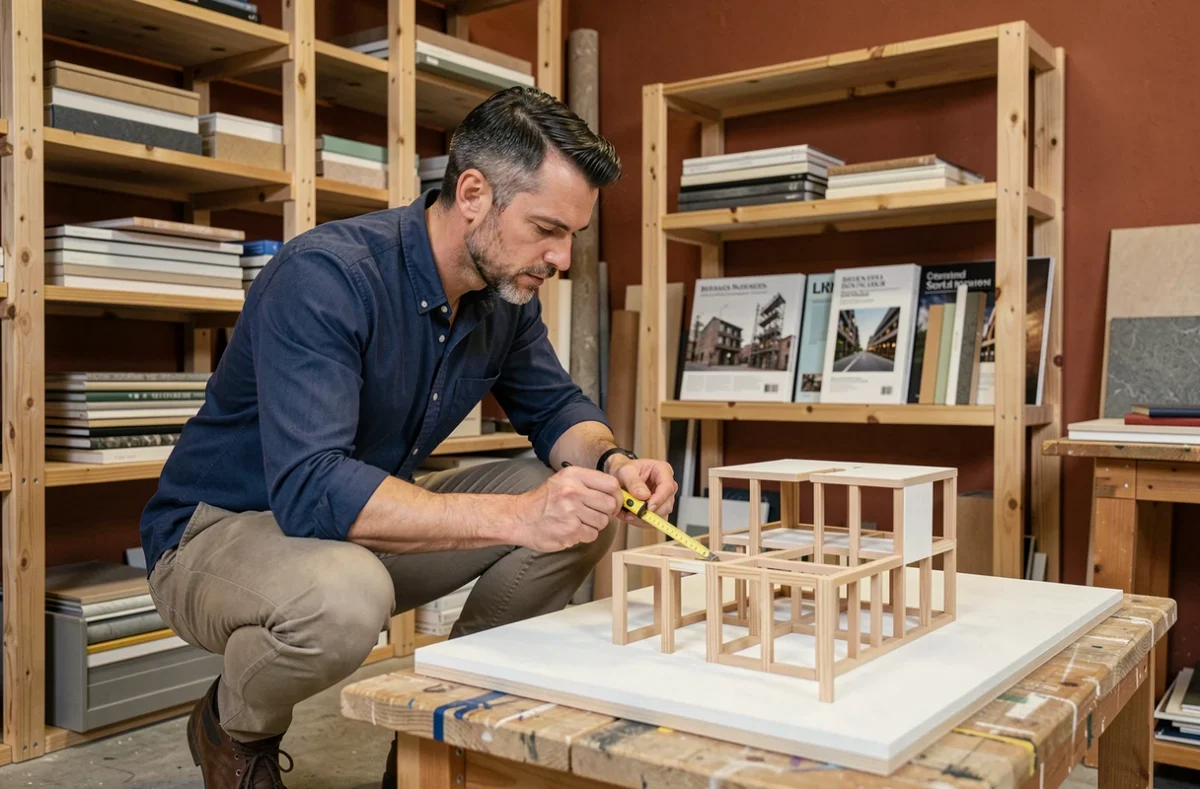 Architecte de l'Atelier Vincent Augier AVA examinant une maquette architecturale dans son atelier créatif