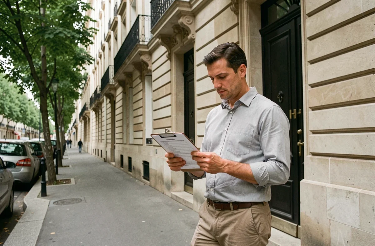 Évaluateur immobilier inspectant un immeuble résidentiel avec une grille d'évaluation dans une rue parisienne
