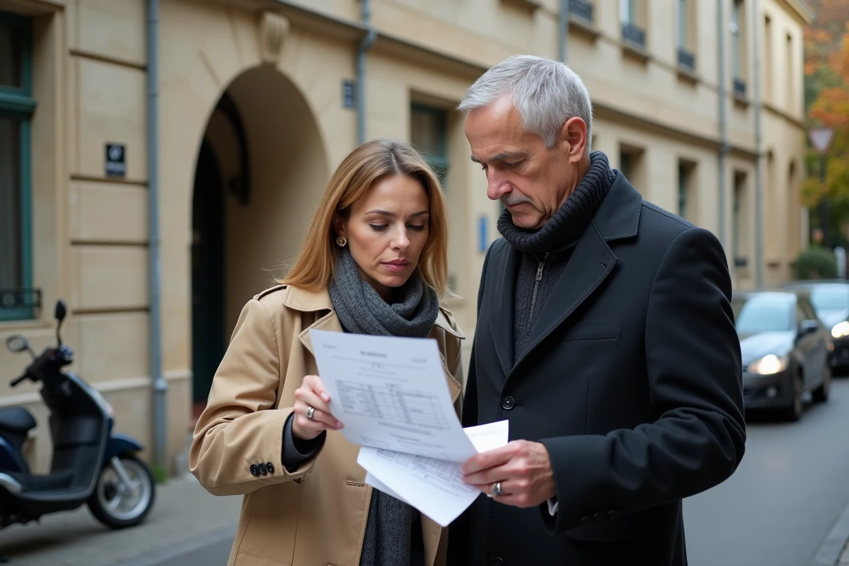 Deux professionnels de l'immobilier examinant un rapport d'estimation locative devant un immeuble lyonnais