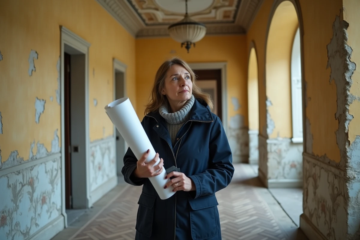 Femme évaluant la faisabilité de la rénovation d'un manoir à 1 euro, tenant des plans architecturaux dans un couloir délabré