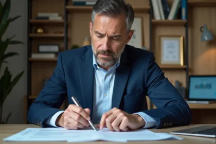 Un homme d'affaires en costume marine examine attentivement un contrat immobilier à son bureau, signaux d'alerte dans un investissement Orpi Immo