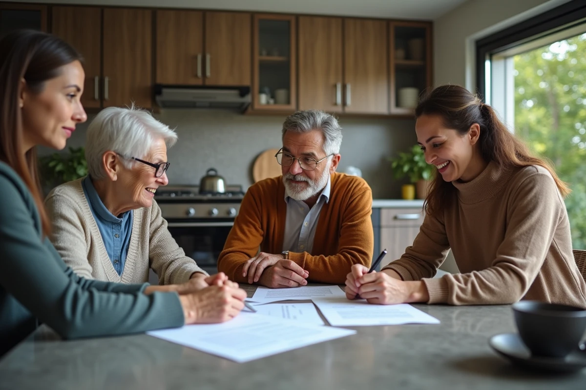 Famille diverse discutant de documents immobiliers avec notaire dans la cuisine