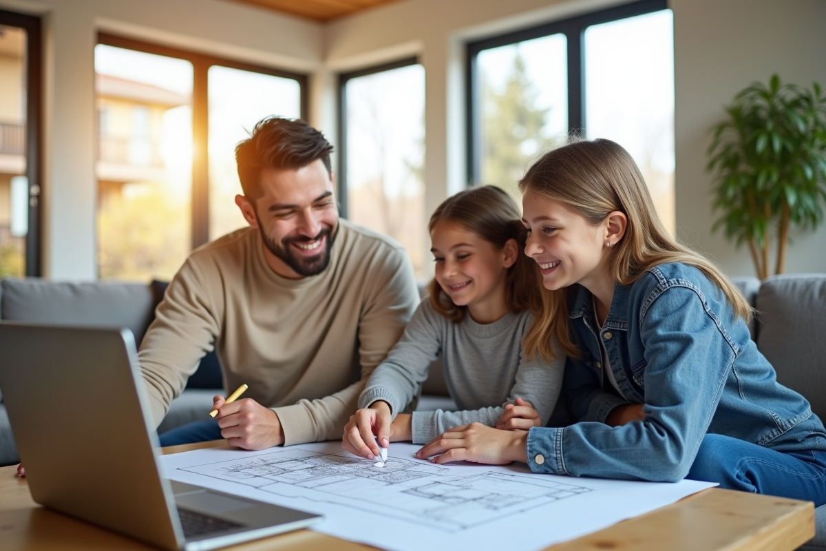 Famille planifiant leur futur immobilier avec plans et ordinateur