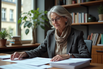 Femme d'affaires examinant des documents immobiliers dans un bureau moderne