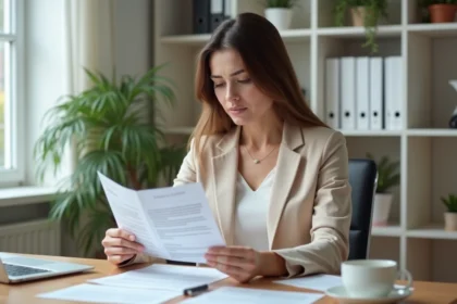 Femme analysant des annonces de location immobilière avec des documents imprimés sur un bureau en bois moderne