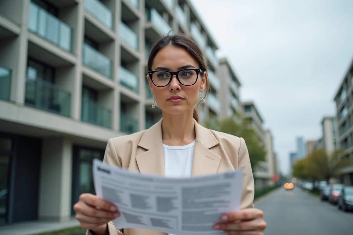 Une femme analyste immobilière examine un prospectus d'investissement devant un immeuble résidentiel moderne, évaluant les risques d'une offre Orpi Invest
