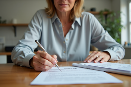 Femme d'âge moyen examinant des documents hypothécaires