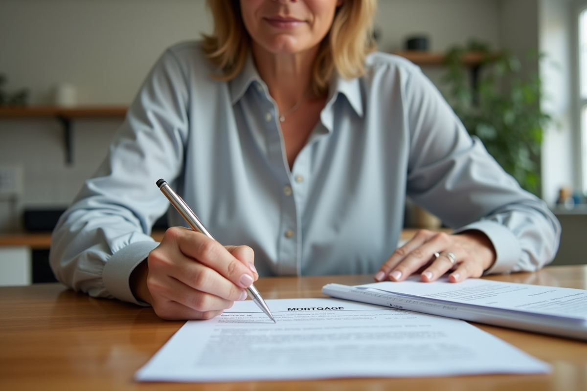Femme d'âge moyen examinant des documents hypothécaires