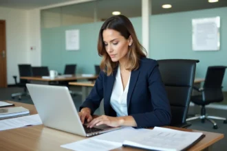 Femme en blazer navy travaillant à un bureau moderne