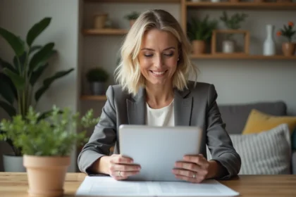 Femme en blazer regardant des profils de location sur son ordinateur