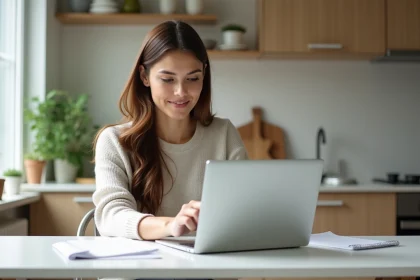 Femme dans son appartement moderne travaillant sur un ordinateur