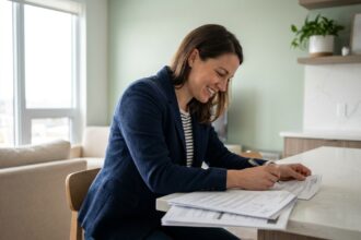 Femme en blazer et jeans dans une cuisine lumineuse