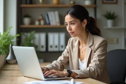 Femme concentrée travaillant sur son ordinateur dans un bureau lumineux