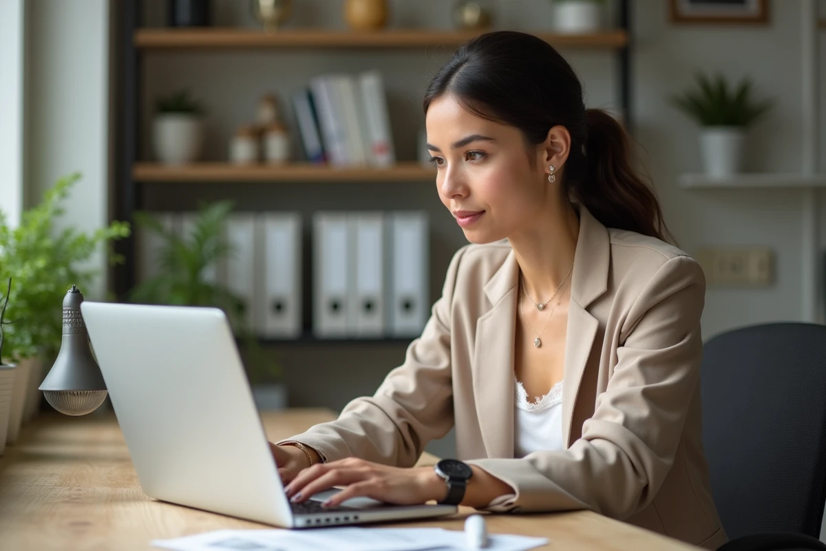 Femme concentrée travaillant sur son ordinateur dans un bureau lumineux
