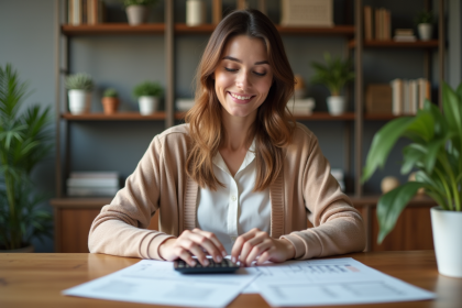 Femme utilisant une calculatrice avec un plan de remboursement immobilier