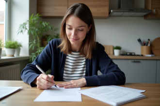 Femme remplissant un formulaire de changement d'adresse à la maison