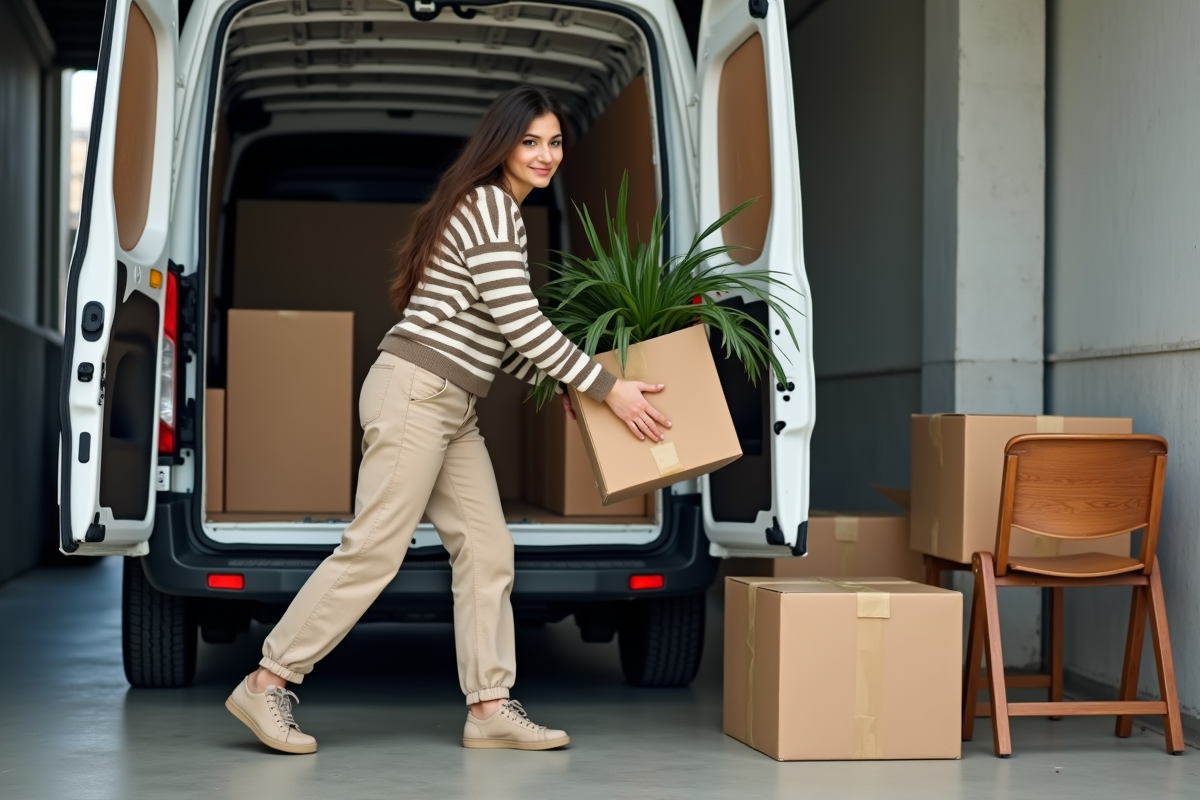 Jeune femme chargeant une plante dans un van de déménagement en garage