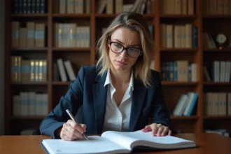 Femme examinant attentivement un contrat immobilier avant signature dans un bureau de notaire à Lyon